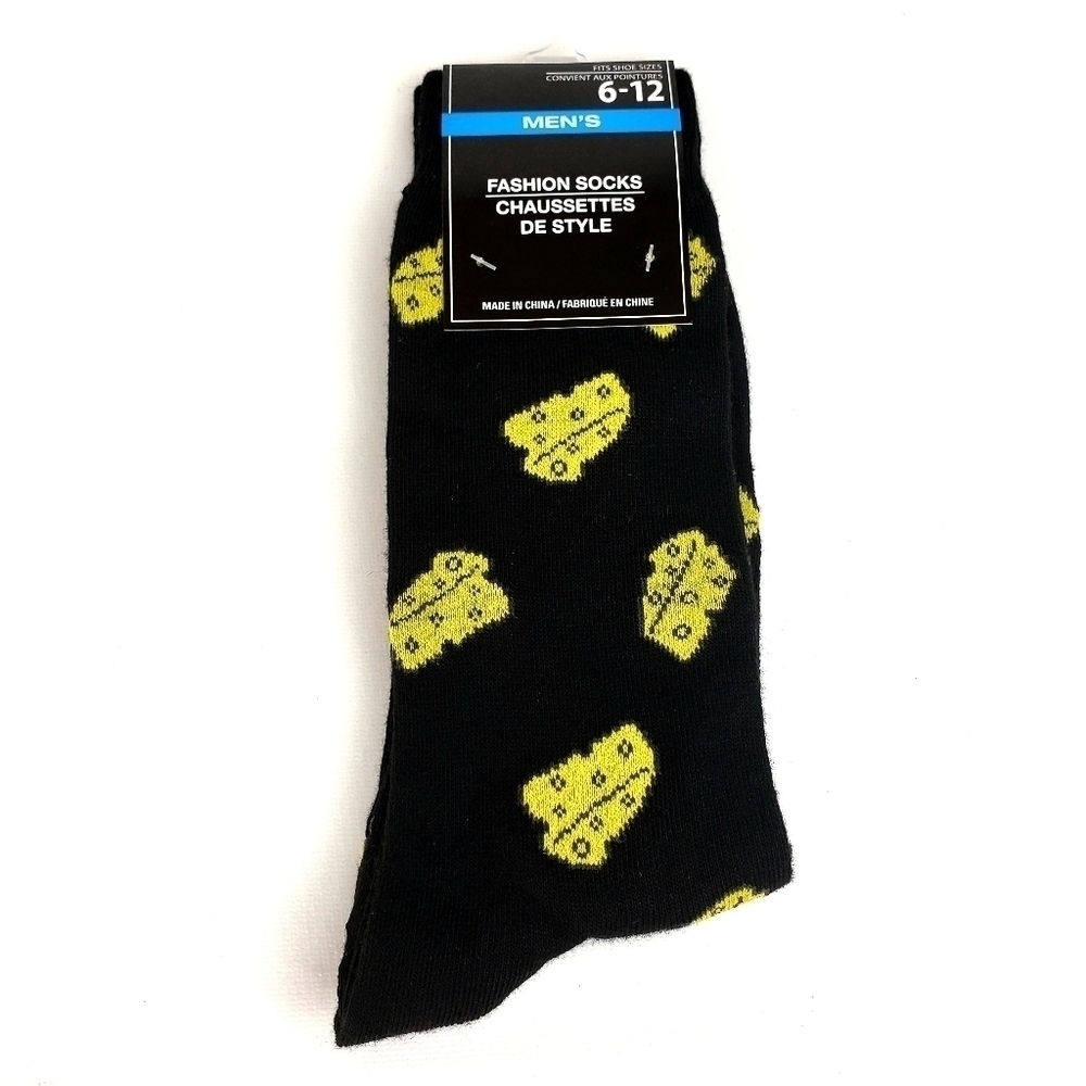 MEN'S Funky Crew Socks size 6-12 Black with wedges of cheese